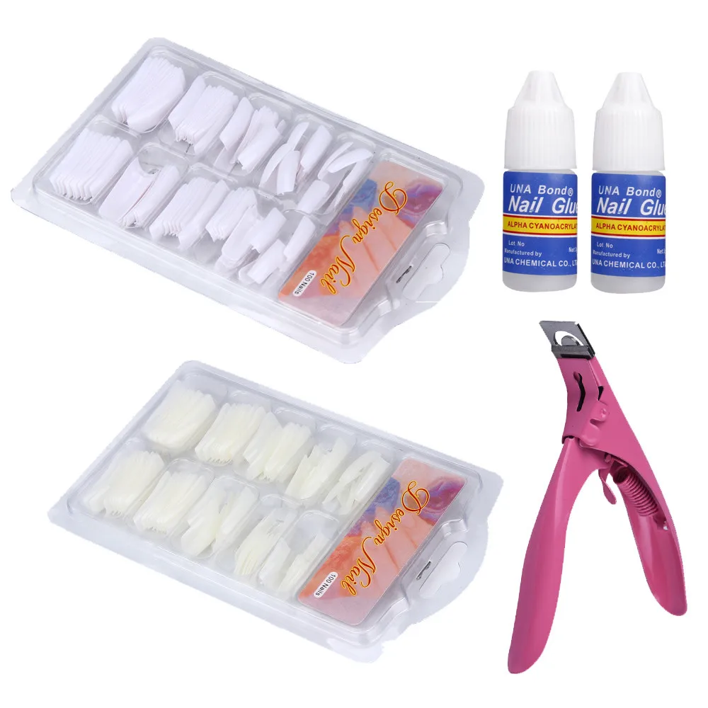 

100 Pcs Natural White False Acrylic Nail Kit French Tips & Nail Art Glue Cutter Tools Kits Set To Build Gel Nails #