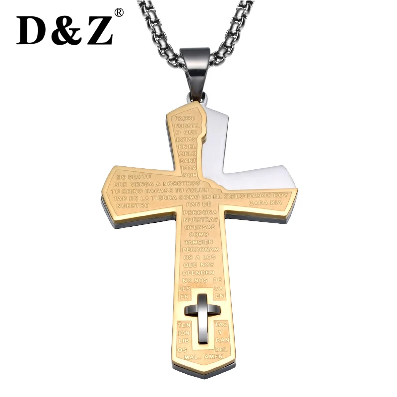 

D&Z Trendy Multilayer Jesus Cross Pendant Silver Chain Stainless Steel Scripture Cross Pendants & Necklaces for Men Jewelry