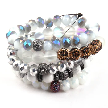 

Fashion Jewelry Beautiful White Bracelet Set Natural Stone & Glass Crystal Pave Bracelets