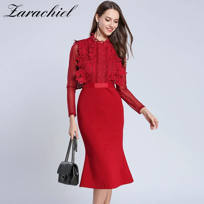 

Women Spring Lace Dress 2019 Red Water-soluble Flower Mesh Sleeve Casual Patchwork Dress Plus Sizes Long Sleeve Mermaid Vestidos