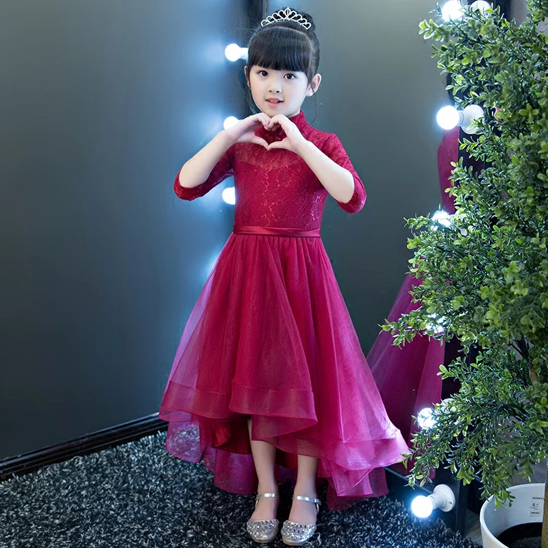 

Elegant Luxury Children Girls Wine-Red Princess Lace Dress Teenagers Kids Birthday Wedding Evening Costume irregular Trail Dress