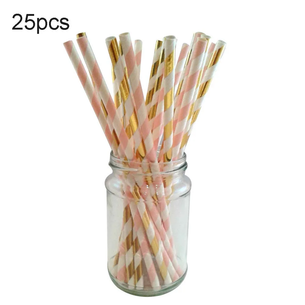 25pcs Vintage Stripe Drinking Straw Hard Plastic Straws Metallic Gold