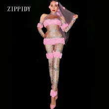 Модный розовый цветочный комбинезон со стразами цельный большой эластичный костюм женский наряд на день рождения сценический для певца танцевальная одежда