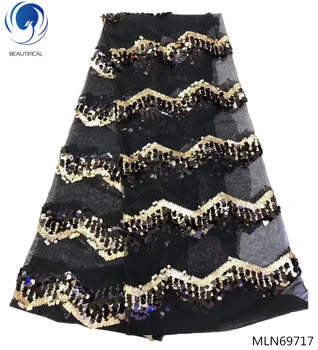 

BEAUTIFICAL net lace fabric 2019 black african sequins lace fabric african fabric lace bling 5yards/piece for wedding MLN697