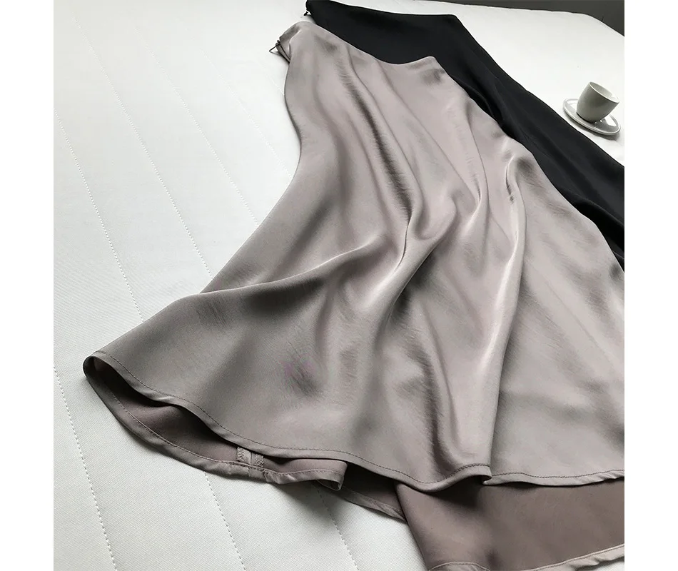 HXJJP миди длинная сатиновая юбка с высокой талией Женская Элегантная Шелковая трапециевидная однотонная винтажная Ol женская летняя юбка для женщин s