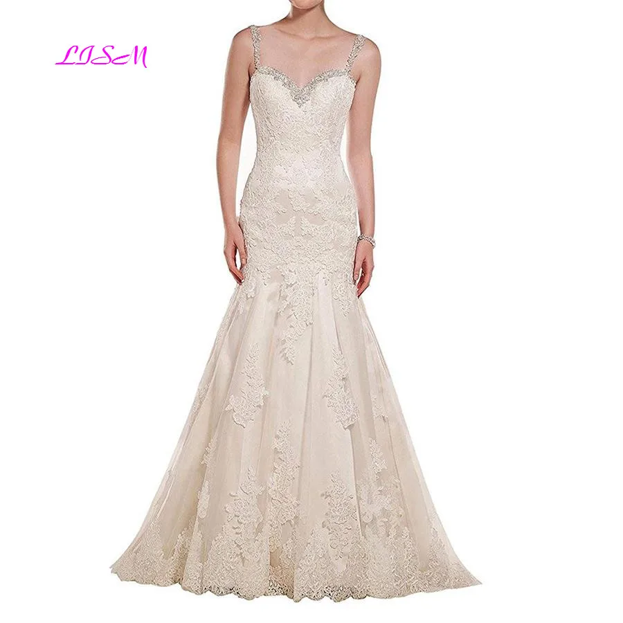 

LISM Mermaid Wedding Dress Sweetheart Straps 2019 Vestidos de novia Vintage Lace Appliques Bridal Dresses Backless Wedding Gowns