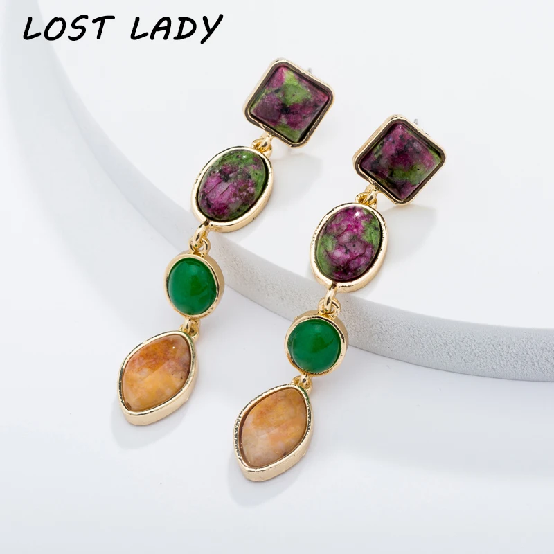 

Lost Lady Vintage Drop Dangle Natural Marble Earrings for Women Crystal Antique Geometric Pendant Ear Brand New Summer Style