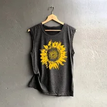 CHAMSGEND Женская дышащая Спортивная Футболка с принтом подсолнуха без рукавов беговой жилет для йоги Толстовка для фитнеса рубашка впитывающая пот