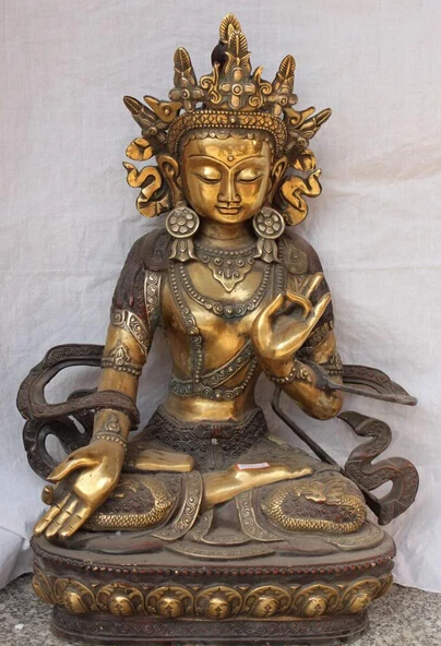 

S07178 28"Signed Silver Bronze Gilt Dragon Deer 7 Eyes White Tara Buddha Godness Statue