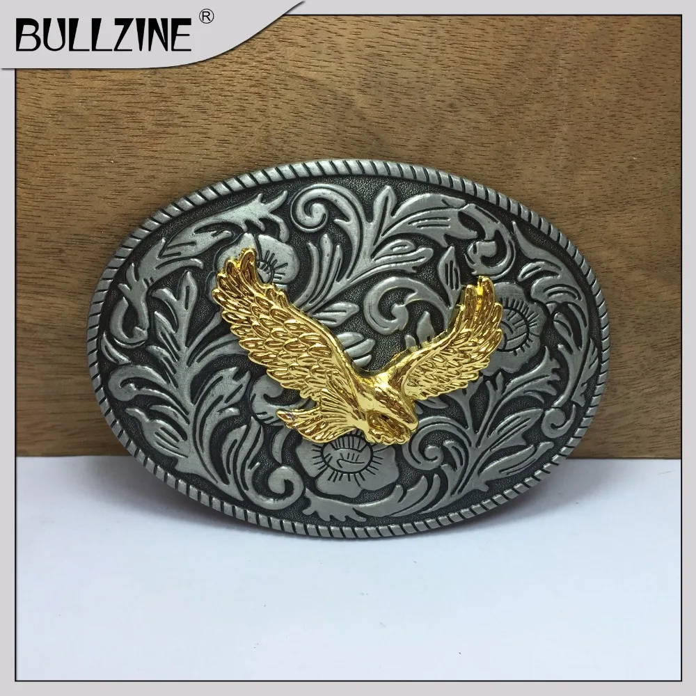 

The Bullzine wholesale gold Eagle belt buckle with pewter finish FP-03285-1 suitable for 4cm width snap on belt