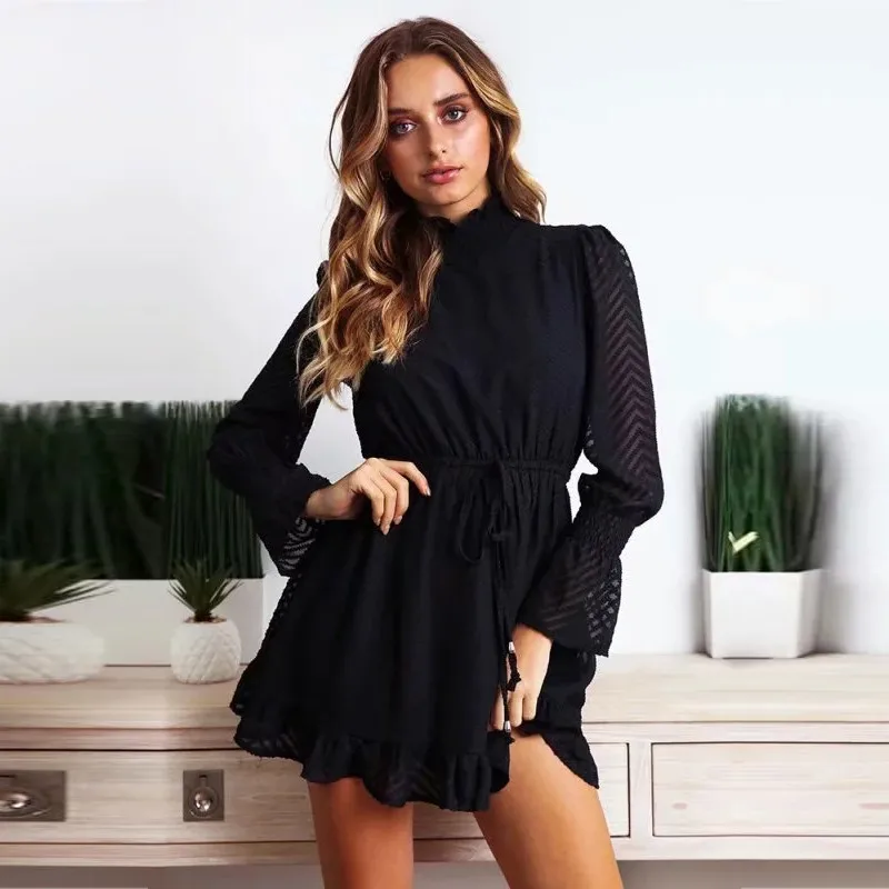 yinlinhe striped white sexy Transparent women dress long sleeve black turtleneck autumn dress slim waist elegant Vestido 5