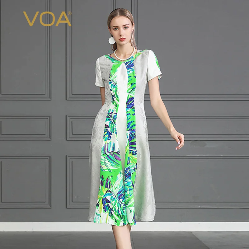 

VOA Slim Long Luxury Silk Dress Women Short Sleeve Casual Ladies vestido Large Size Printed Beach Dresses Elegant Clothes A909