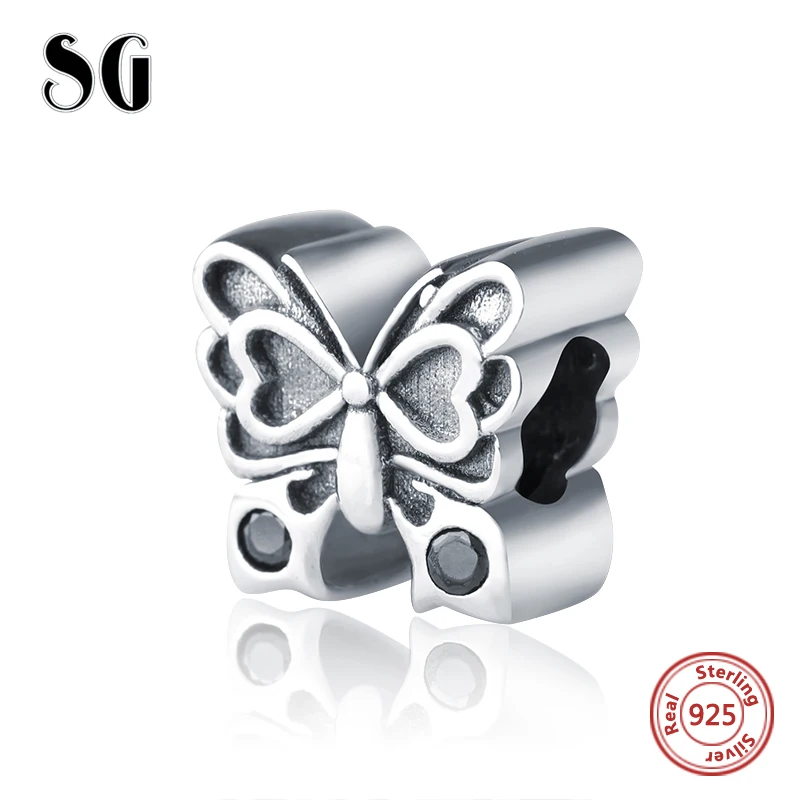 

SG 925 silver beads lovely butterfly charms with CZ Fit original European bracelets jewelry accessories making for women gifts