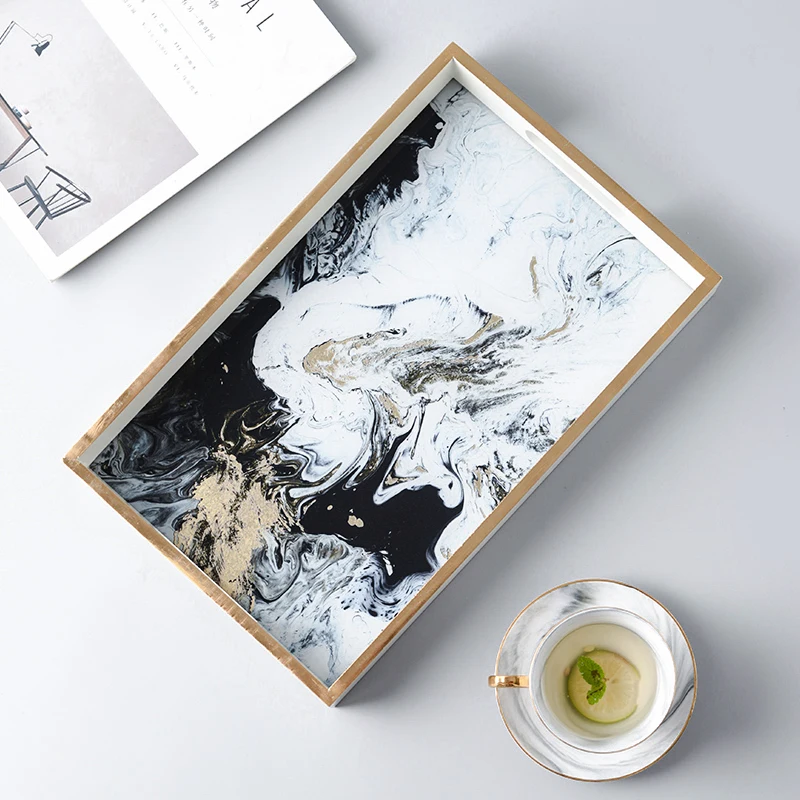Nordic Vintage In Legno scatola di Immagazzinaggio Di Vetro Vassoio Piatto Da Tavola Creativo di Colore Oro Nebbia Nube Agata Texture Vassoio Del Tè Complementi Arredo Casa Artigianato
