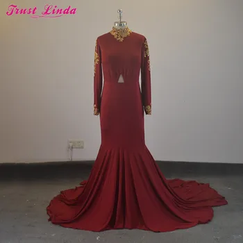 

Glamorous Long Sleeves Burgundy Mermaid Mother Dresses Gold Appliques Evening Dress Long Ladies Graduation Dress Prom Gowns