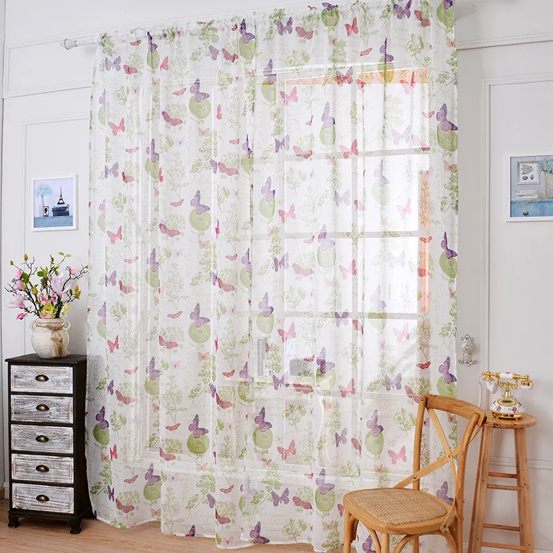 

Butterfly flower Fashion Voile Cotton linen window sheer curtain living room bedroom rural home decor