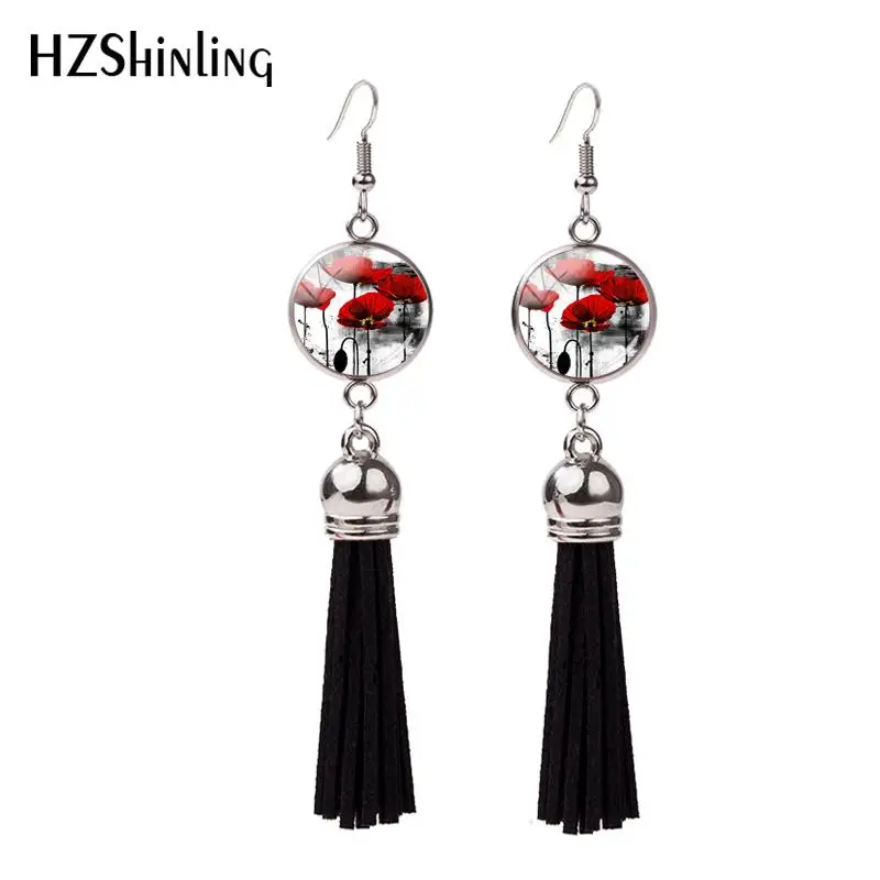 

2018 New Watercolor Floral Tassel Earring Poppies Fish Hook Earrings Art Silver Photo Jewelry Glass Bohemian Style Earbob