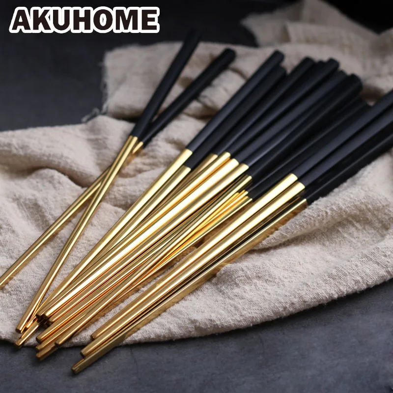 

1 pair Stainless steel chopsticks Korea Non-slip Reusable Western plated black gold tableware