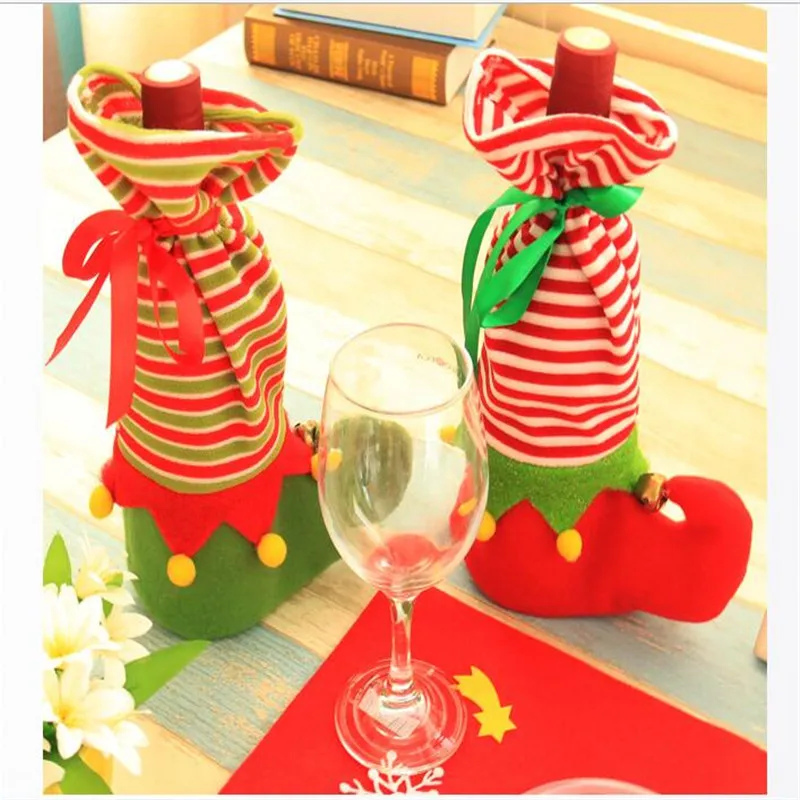 Green Red Striped Christmas Stocking Wine Sock Bottle Cover Bags Dinner Table Decoration Santa Claus Supplier A140 | Дом и сад
