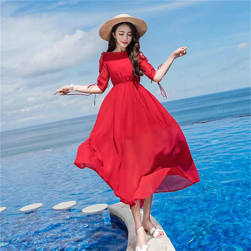 Новые модные Boho однотонные красные шифоновое пляжное платье Для женщин 2019 Лето