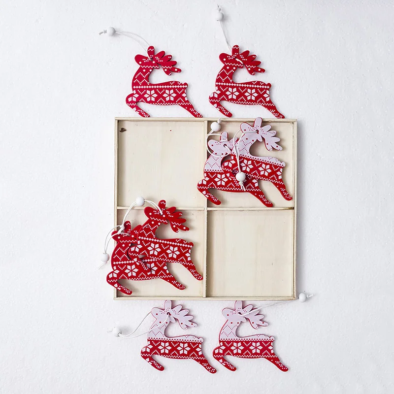12 шт./компл. белого и красного цвета для рождественой елки деревянные подвесные Кулоны из нержавеющей стали Ангел и Снежный колокол Лось звезда рождественские украшения для дома - Цвет: elk