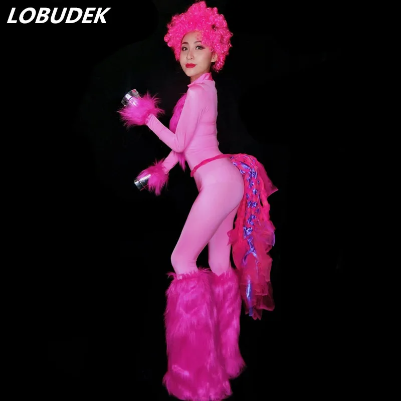 

Sexy Rose Blue Feathers Skinny Jumpsuit With Wigs Female Dance Teams Role Performance Costume Nightclub Bar DJ Singer Stage Wear