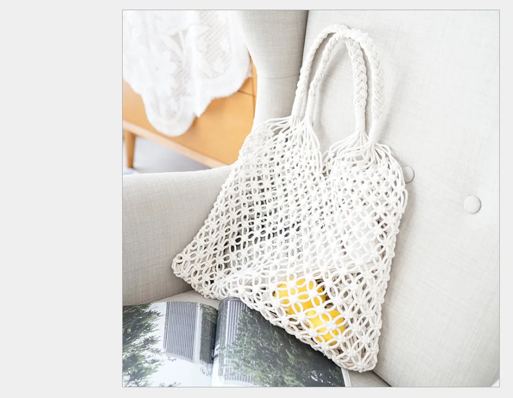 Модная женская сумка с хлопковой нитью, летняя пляжная сумка для леди, соломенная большая тканая сумка, повседневная сумка-тоут - Цвет: Белый