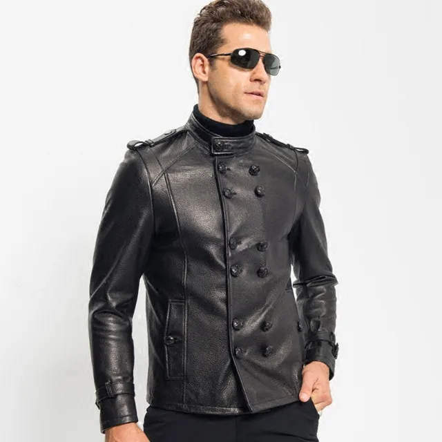 Men's Genuine Leather Jacket Military Style Double Breasted Short Style ...