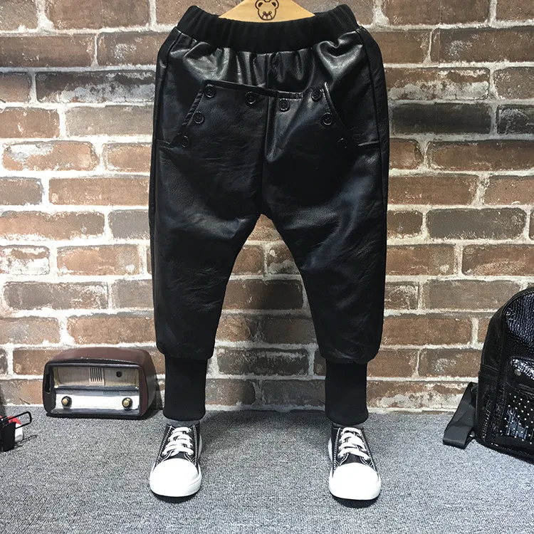 

Winter boys fashion PU pants kids new casual all match black velvet trousers baby thick buttons clothes children 2-7 years old