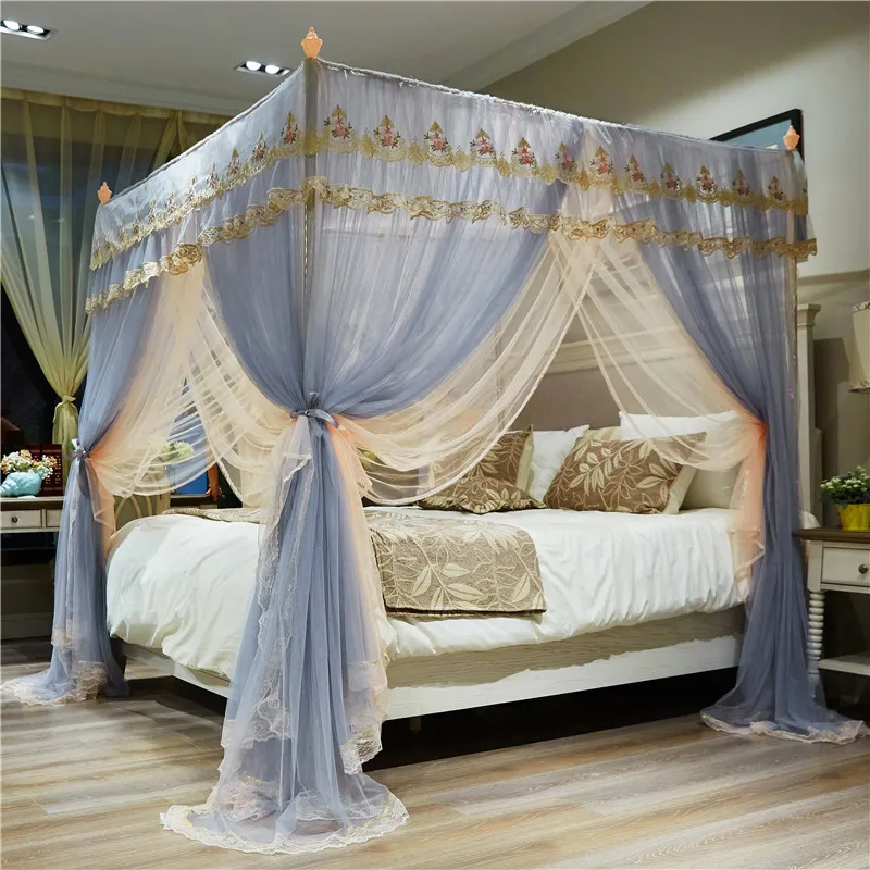 

Luxury Gray Double-deck Quadrate Floor-standing European Palace Mosquito Net Stainless Steel Frame Bedding Set Room Decoration