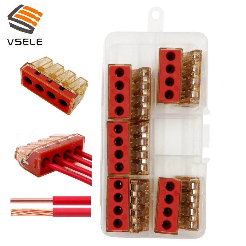 

10pcs/lot VSE-104D solid wire connectors 2.5-6mm2 4p plug type spring clamping mini connectors compact terminal block