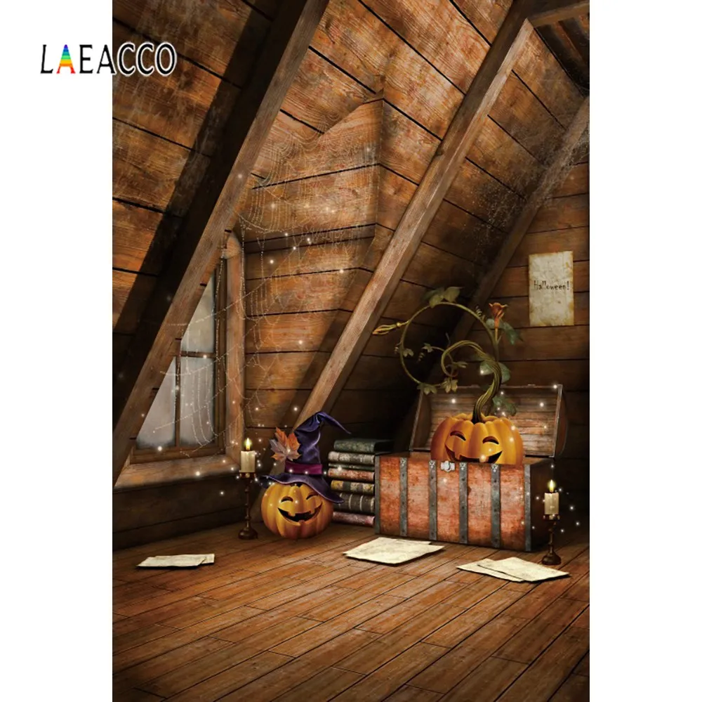 

Laeacco Halloween Backdrops Dreamy Wooden House Books Pumpkin Spider Net Baby Room Photography Background Photocall Photo Studio