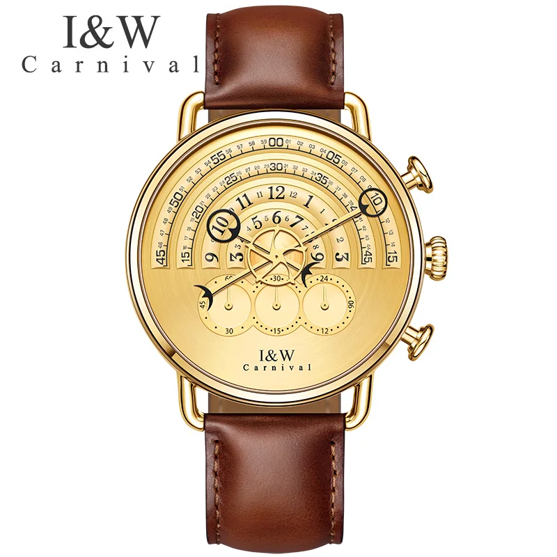 

Unique Design Carnival Chronograph Sports Quartz Watch Men Stainless steel Leather Strap Wristwatches Sapphire gold Case