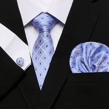 2018 Floral Plaid Mens Tie Set Blue White Jacquard Silk Tie Pocket Square Cufflinks 7.5cm Classic Ties for Men Corbatas charming plating white steel cufflinks for men protractor set square pair