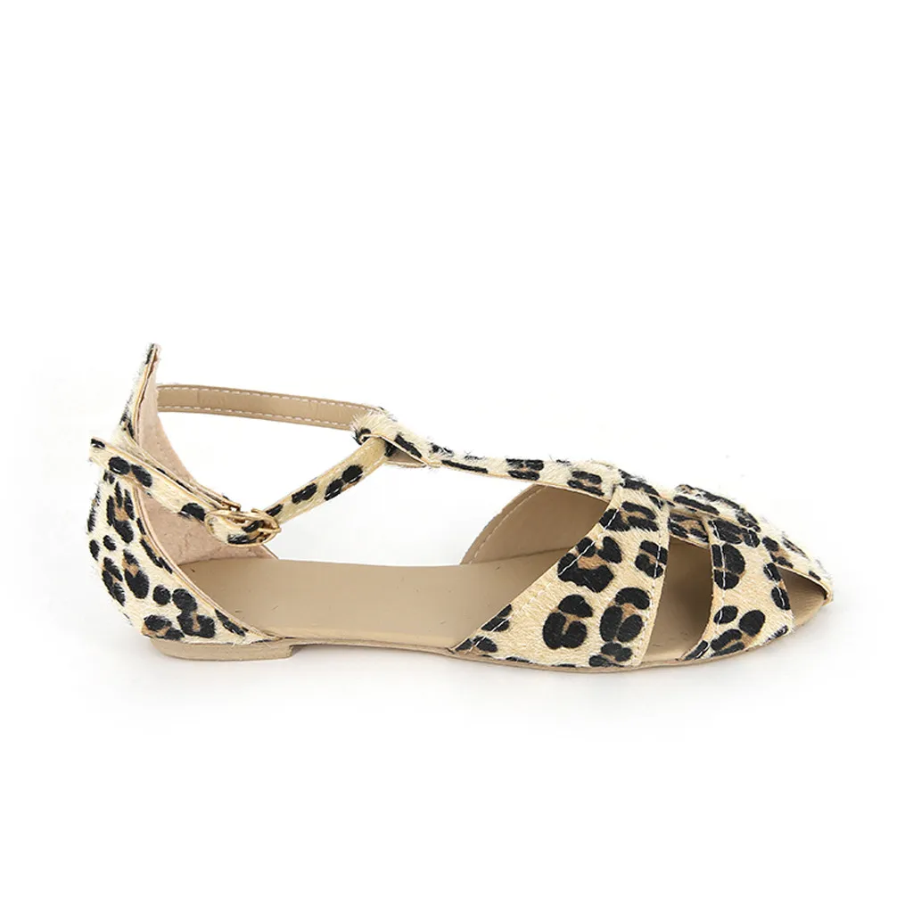 

SAGACE Women Fashion Leopard Flat Buckle Strap Open Toe Flat Beach Shoe Roman Sandals Sexy Round Toe Shallow shoe Outdoor May 17