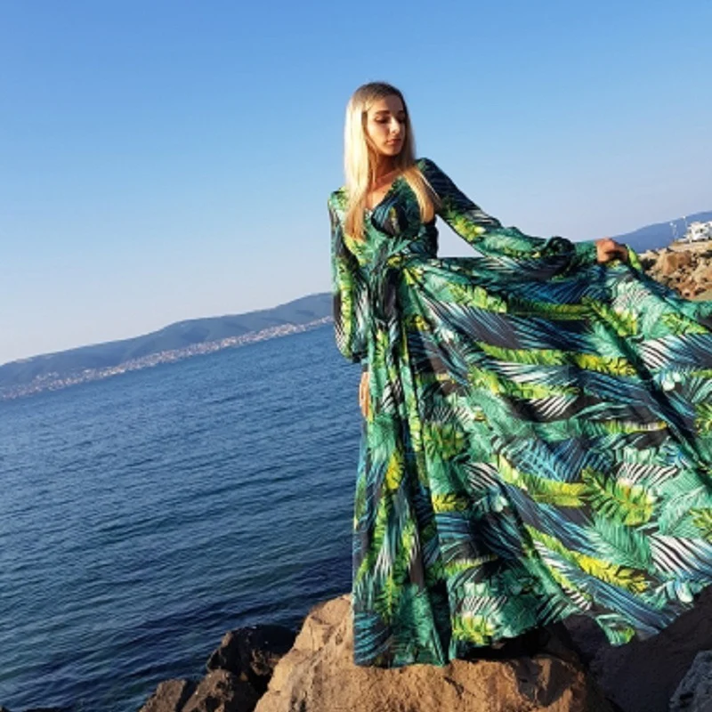 Goedkoop Aecu Vestido Bloemenprint Boho Maxi Jurk Sexy Lady Bohemian Zomer Lange Jurk Vrouwen Strand Jurken Aan De Vloer Vrouwelijke jurken