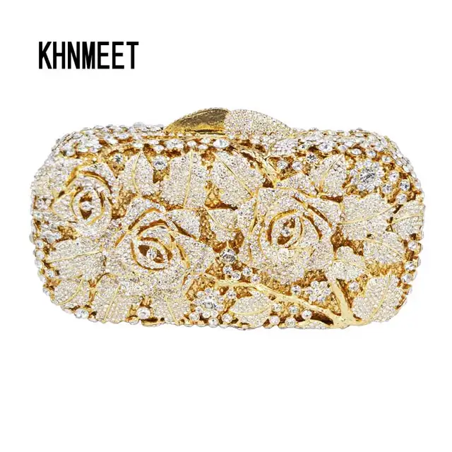 Luxury Crystal Clutch Evening Bag Golden Rose Flower Party Purse Luxury Crystal Clutch Evening Bag Golden Rose Flower Party Purse Women Wedding Bridal Handbag Pouch Soiree