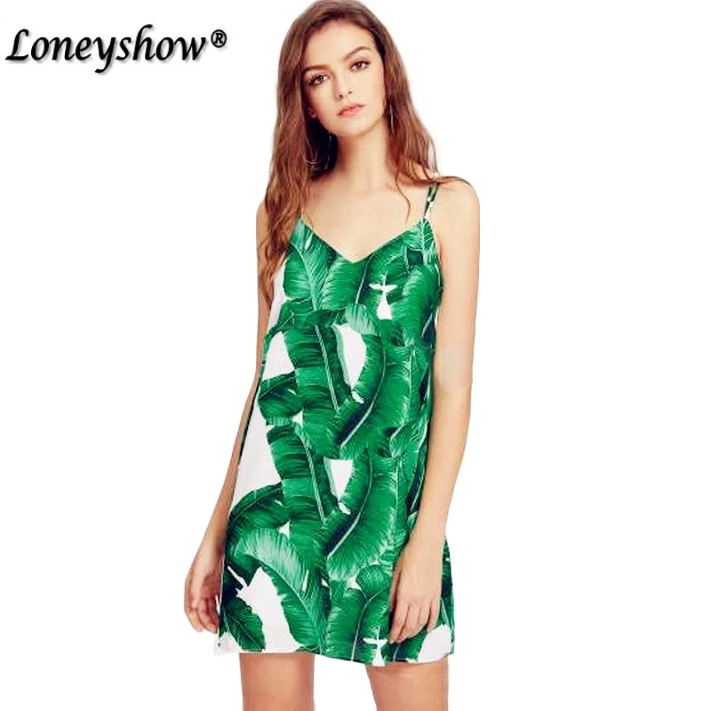 Loneyshow Green Cami Summer Dress Women Palm Leaf Print Double V Neck