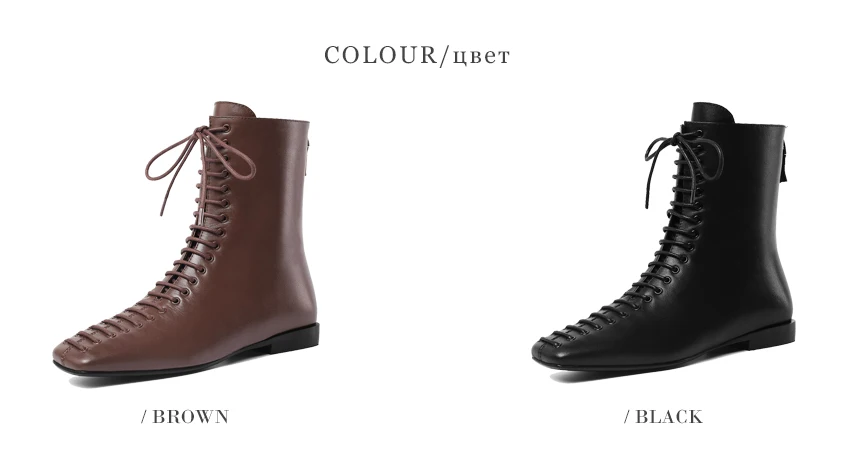 Lady Jane Low Heels Lace Up Ladies Spring Winter Shoes Square Toe Cow Leather Zipper Black Ankle Boots For Women Shoes