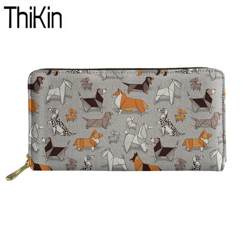 Thikin Origami Dog Printing Wallets For Credit Card Women Clutch Phone Card Holders Ladies Long Organizer Purse Girls Money Bag