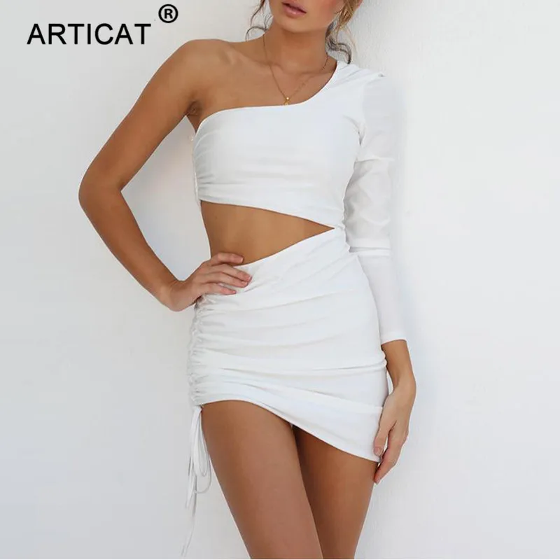 Articat, сексуальное женское летнее платье на одно плечо, плиссированное облегающее мини-платье, Повседневные Вечерние платья на осень, Vestidos - Цвет: White