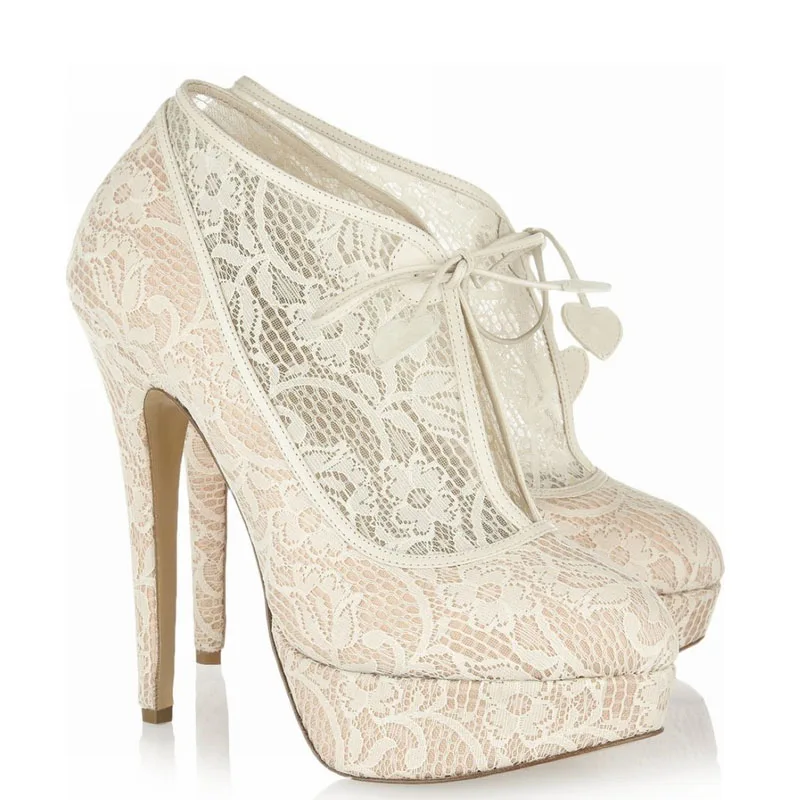 

Ladies Elgant Beige Floral Lace Platform Ankle Booties Women Thin High Heels Heart Lace Up Short Boots Bridal Wedding Shoes
