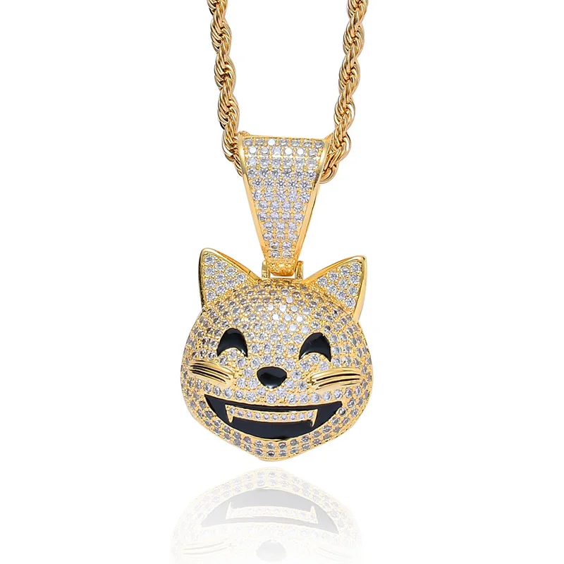 Bling Cute Smile Expression Kitty Animal Pendant Necklace Cubic Zirconia Hip Hop Iced Out Jewelry | Украшения и аксессуары