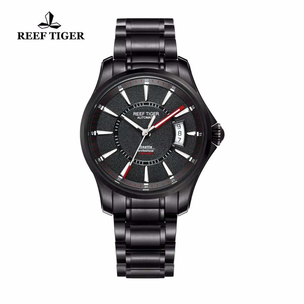 Риф Тигр/RT часы Сиэтл спортивные для мужчин автоматические часы большая дата черные стальные часы с супер светящимися RGA166