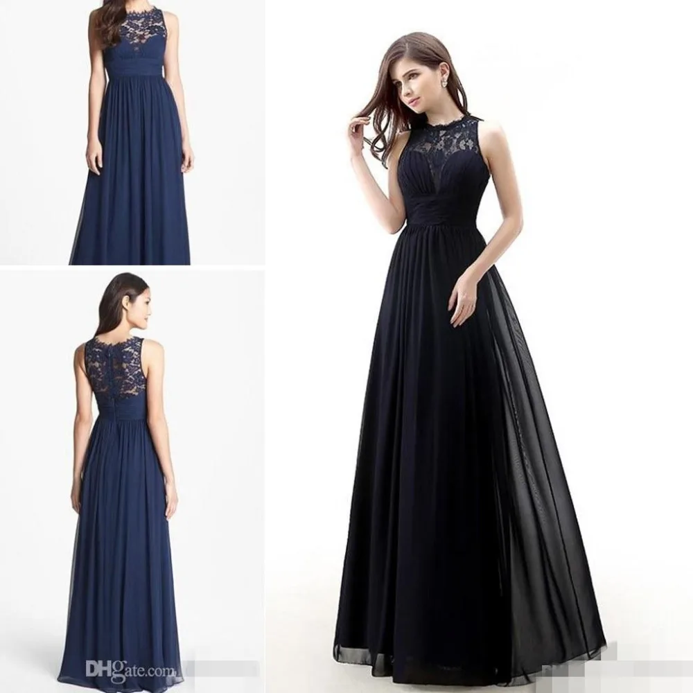 Dark Navy Blue Bridesmaids Dresses 2017 Long Chiffon Jewel Dark Navy Blue Bridesmaids Dresses 2017 Long Chiffon Jewel Neck Lace Bridesmaid Dress Sheer Back Wedding Maid Honor In From