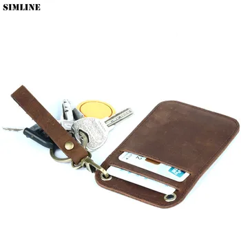 

Genuine Leather Card Holder Key Wallet Men Vintage Crazy Horse Cowhide Short Slim Credit Card Holders Case With Key Chain Ring