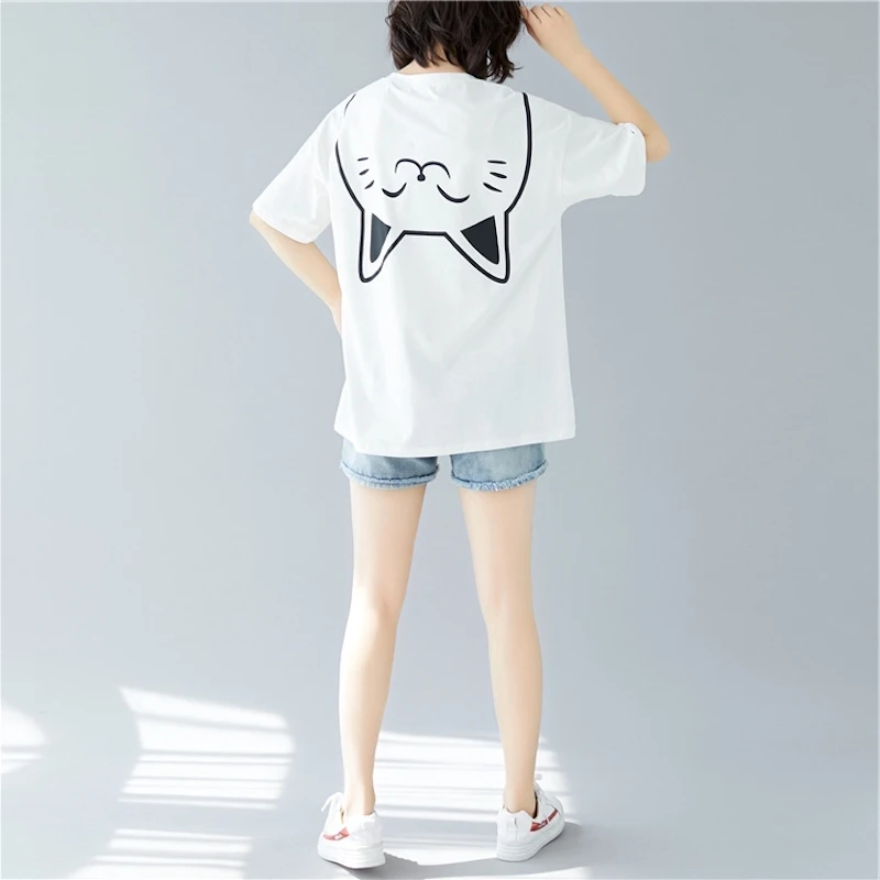 

2019 LFF Women Fashion Korea Style Cartoon Cat Printing Cute Oversize Summer Harajuku Simple XL Short Sleeve Tees Round Neck Top