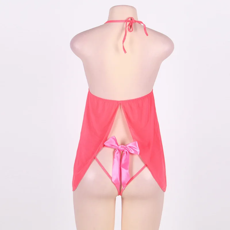 MCO 2017 Women Sexy Lingerie Plus Size Open Cup Mesh Babydoll Pink Bow Tie Etrotic Dress and G String Set 3xl 5xl Hot Sleepwear