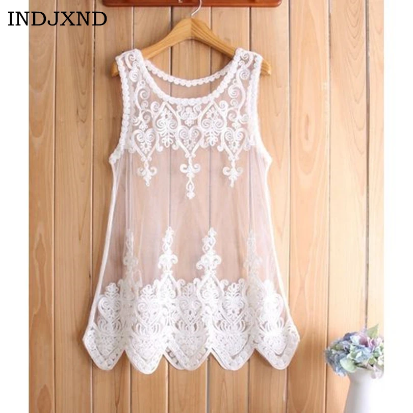 

INDJXND Women Tops Perspective Casual Wild Flowers Blouse Embroidered Lace Hollow Mesh Gauze Vest Tops Black/White Cotton Tanks