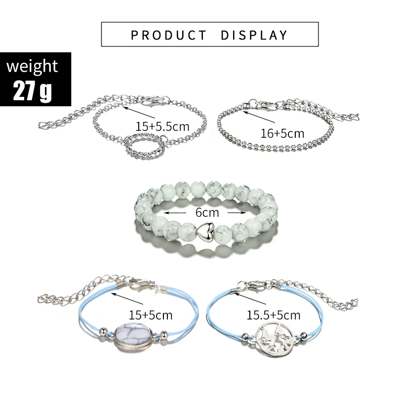Tocona 5 шт./компл. в богемном стиле сердце круг карта смолы и украшениями в виде цепочек и кругов из бисера Браслеты комплект Серебряного Сплава веревки Чиан Браслет ювелирные изделия для Для женщин 6906